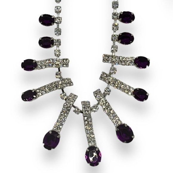 Rhinestone Necklace with Faux Amethyst Purple Stones Formal Prom Dramatic - Picture 1 of 8